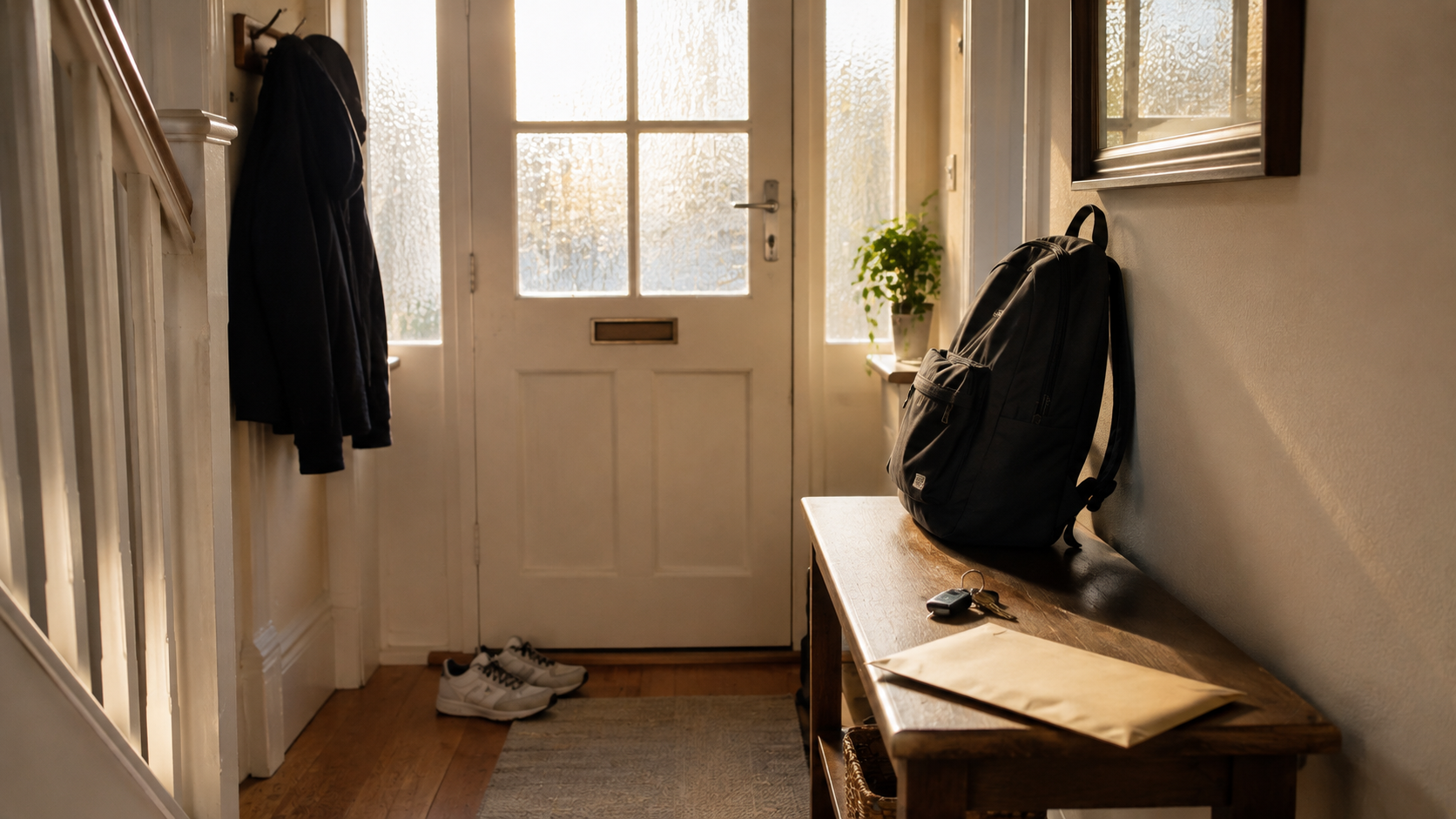 Backpack, trainers and an unopened results envelope waiting by the front door of a British home on A-level Results Day.