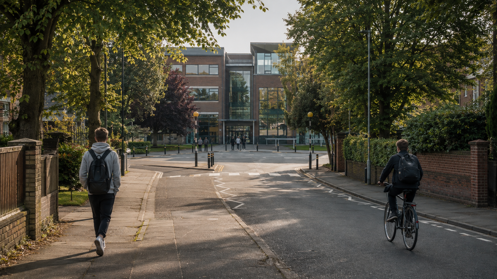 Two A-level students approaching the same British examination centre by different routes.