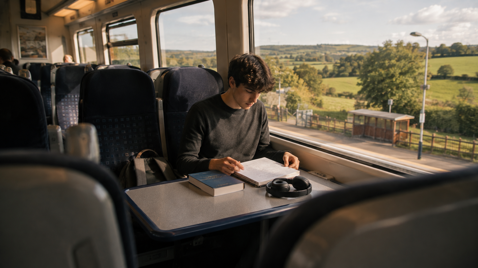 Independent A-level student organising study materials while travelling on a train through the British countryside.