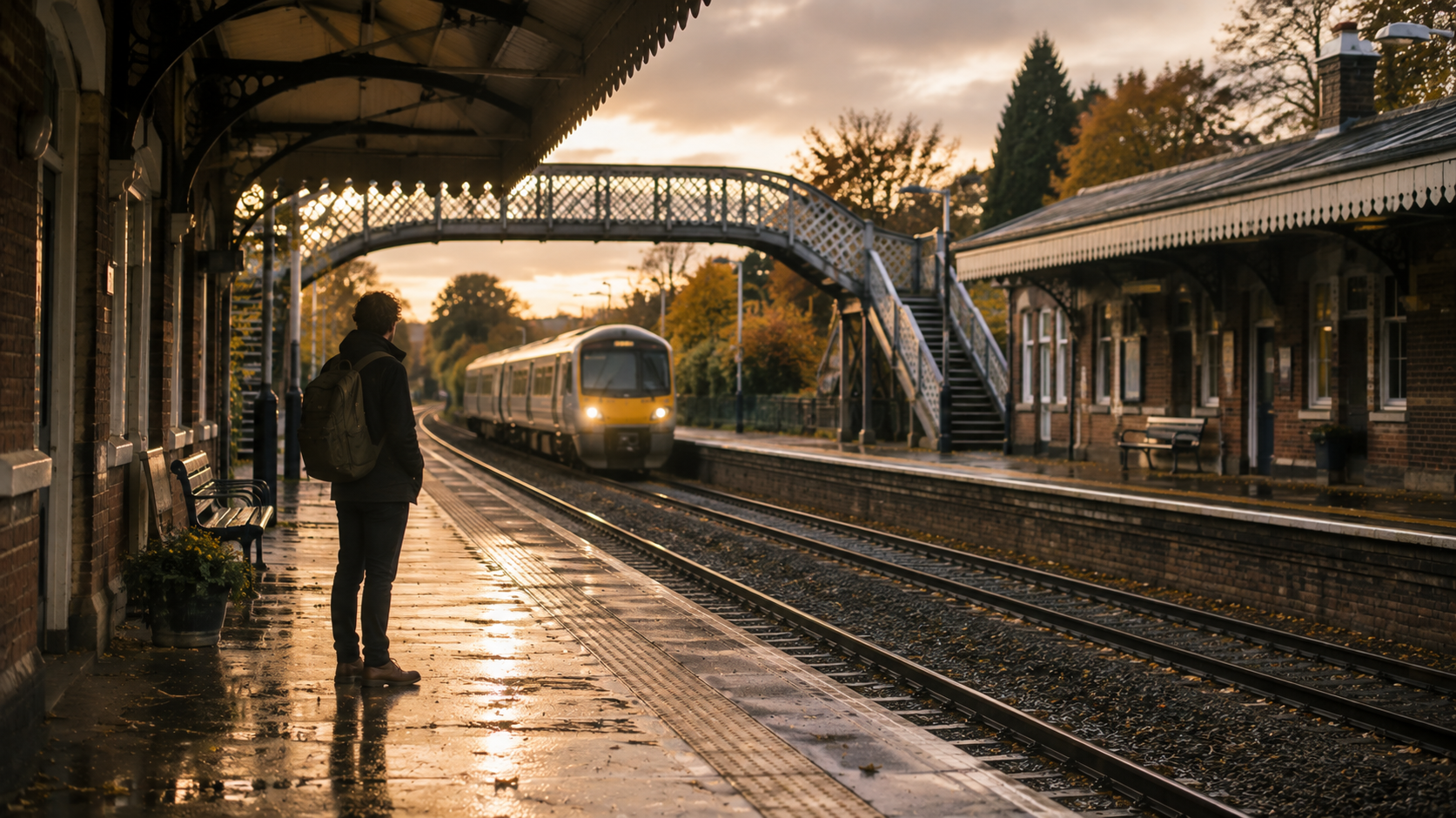 Traveller waiting at a quiet British railway station as another train approaches in the late-afternoon light.