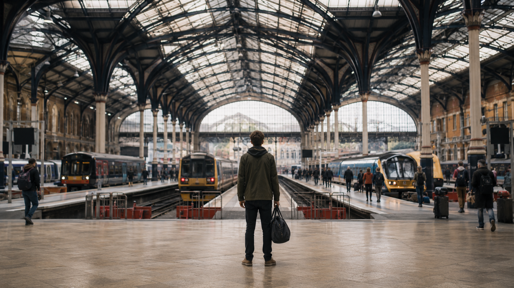 Young person considering several different routes inside a large British railway station.