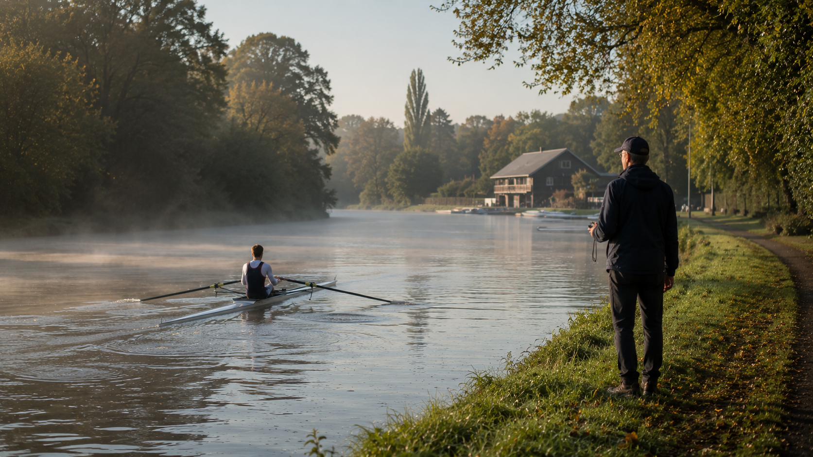 Young rower training independently on an English river while receiving guidance from a coach on the riverbank.