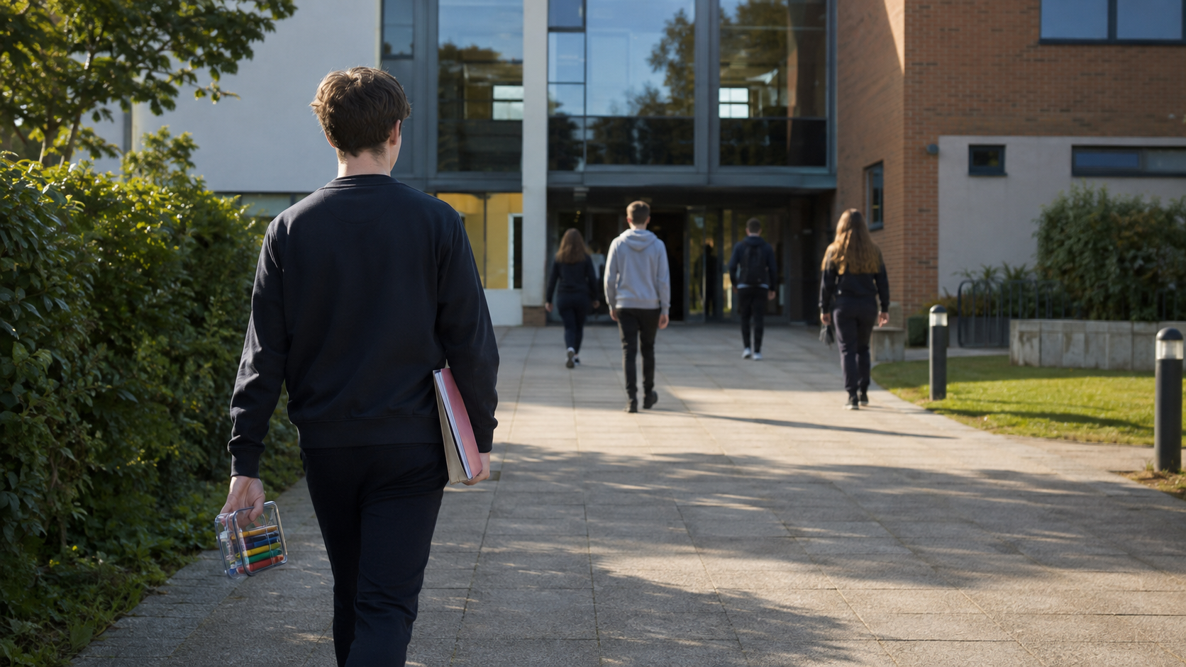 Online A-level student arriving at a British examination centre carrying revision materials.