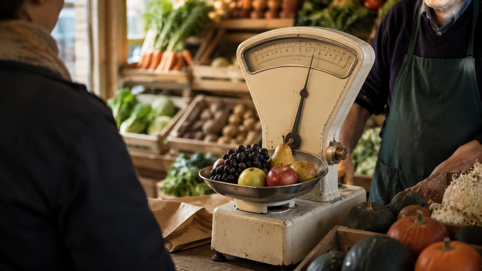Traditional weighing scale in a British greengrocer, representing how A-level marks are measured against grade boundaries.