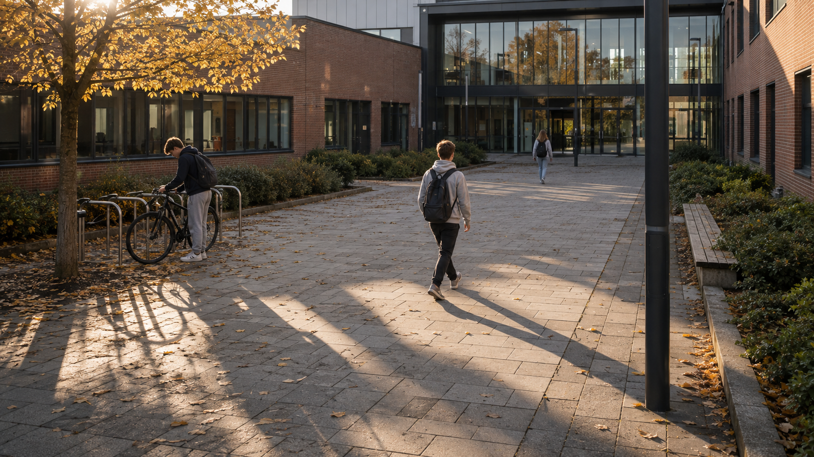 Sixth-form students arriving independently at a British college at the beginning of the new A-level term.