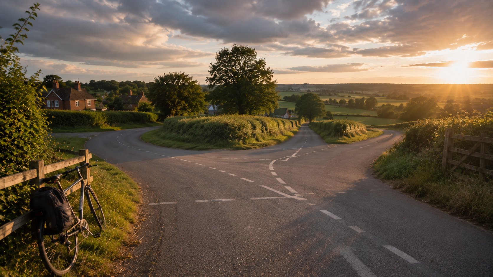 Empty English country crossroads with a bicycle and several possible routes in late-summer evening light.