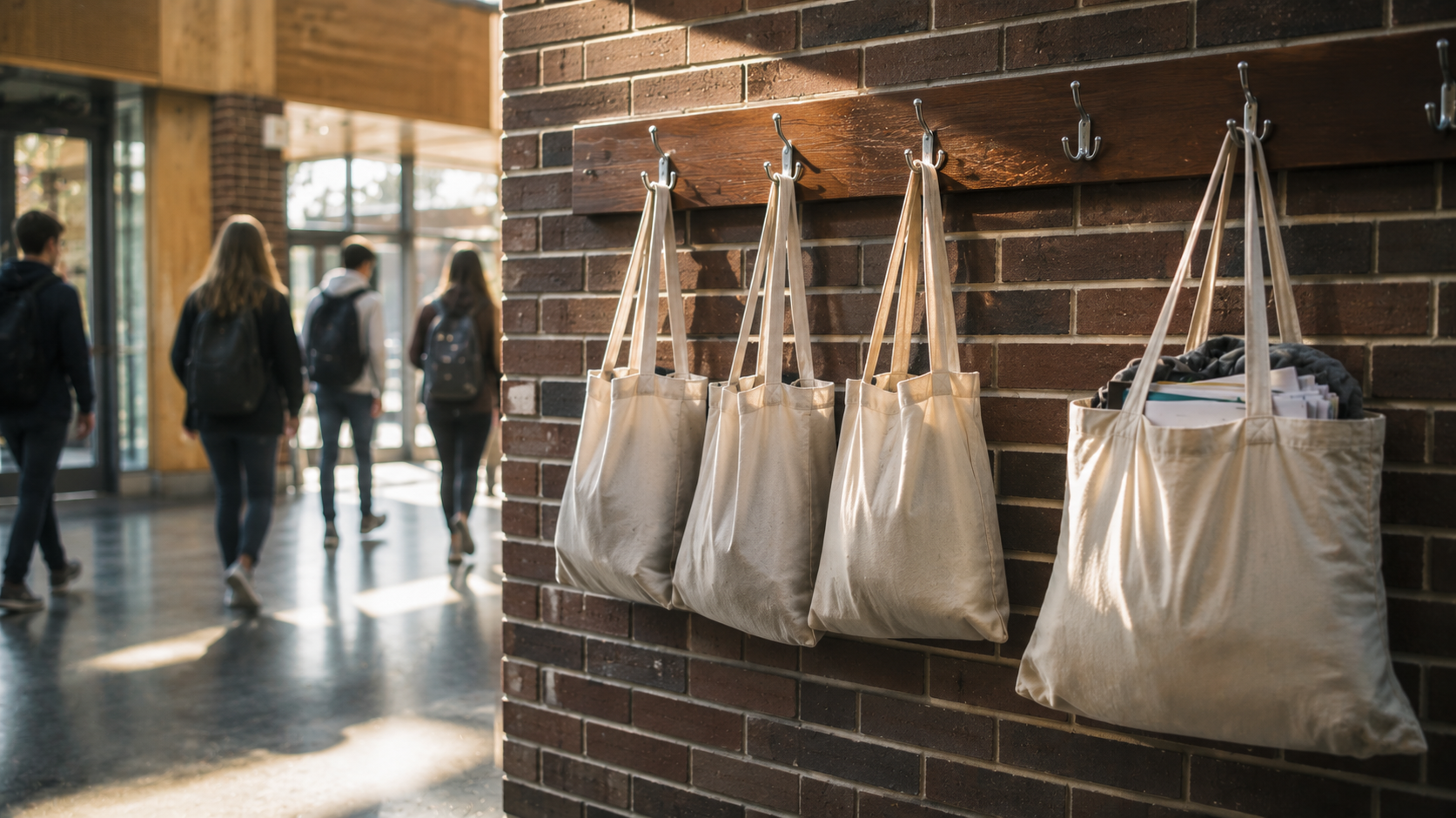 Four student bags hanging in a British college cloakroom, representing the additional workload of taking a fourth A-level.