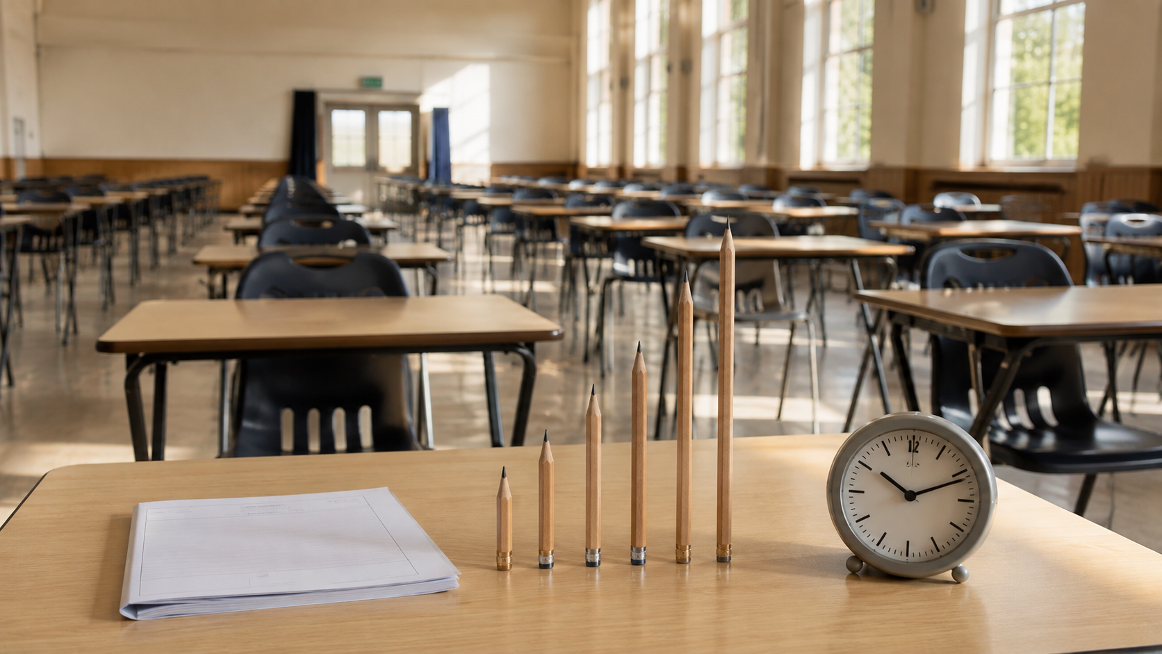 Pencils of different lengths arranged on a desk in an empty British A-level examination hall.