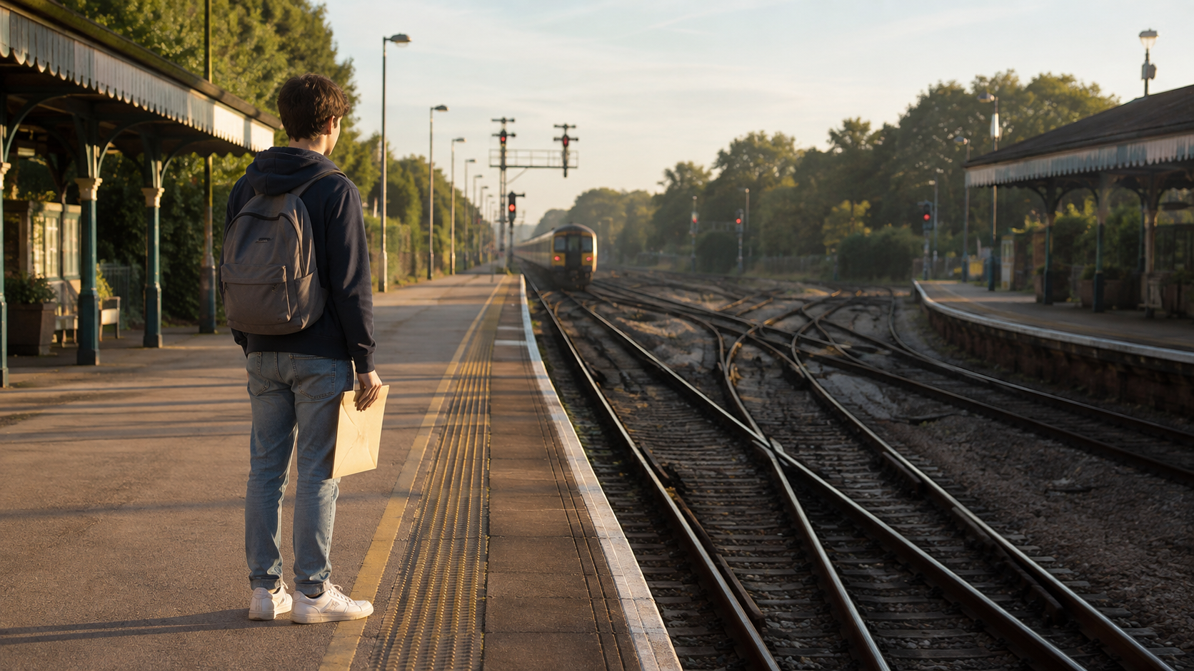 A-level student standing on a British railway platform where different routes diverge after receiving exam results.