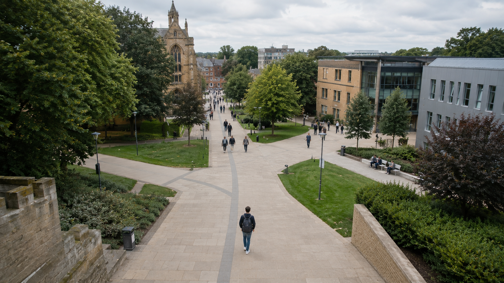 Student walking towards several branching pathways on a British university campus while considering university options.