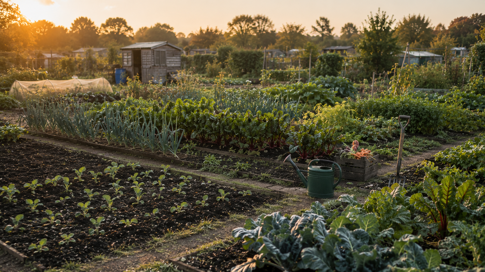 British allotment with plants at different stages of growth, representing A-level learning and revision developing over time.