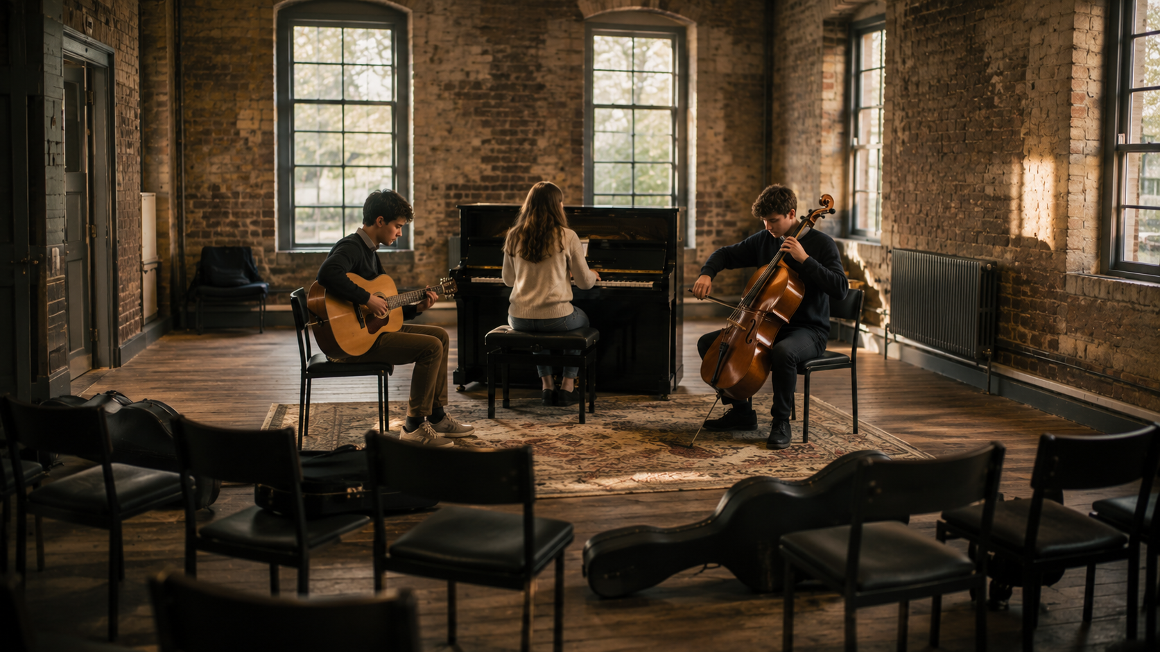 Three young musicians playing different instruments together in a British community arts venue.