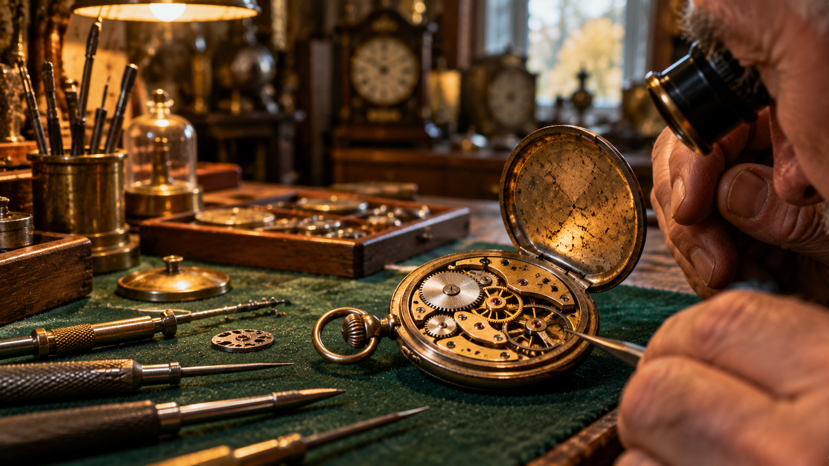 Antique mechanical watch being inspected in a traditional British clock repair workshop.