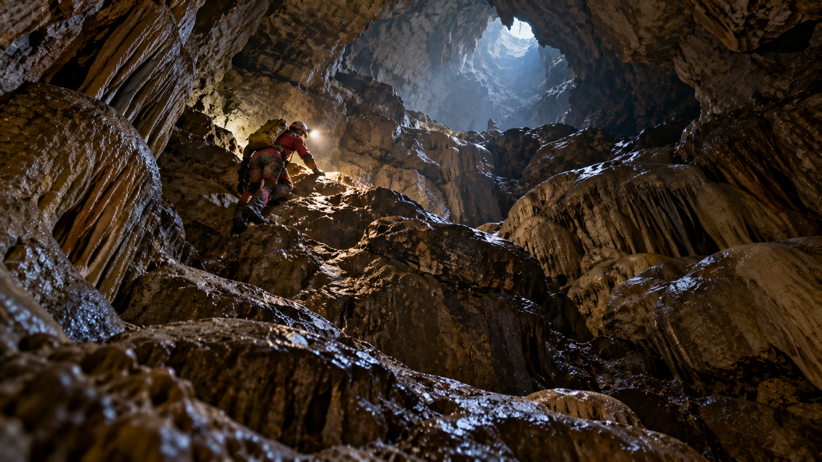 Caver carefully navigating a challenging limestone formation inside a British cave.