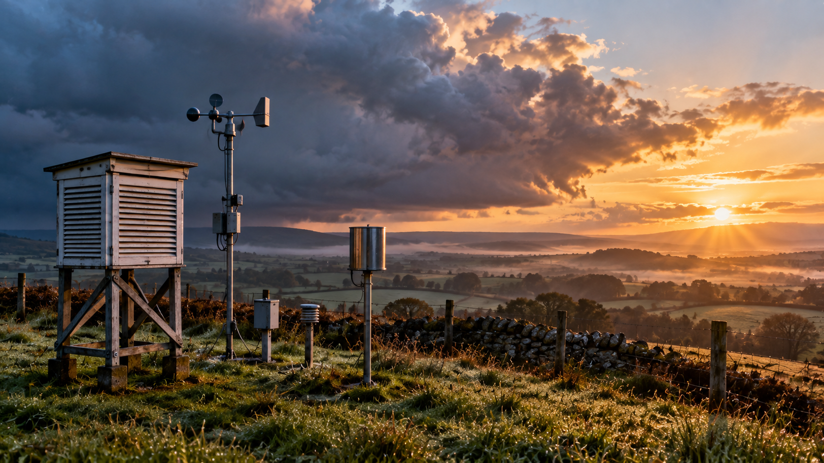 Weather instruments at a rural British observation station beneath changing autumn skies.