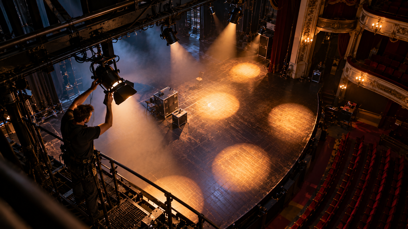Stage technician adjusting an individual spotlight inside an empty British theatre.